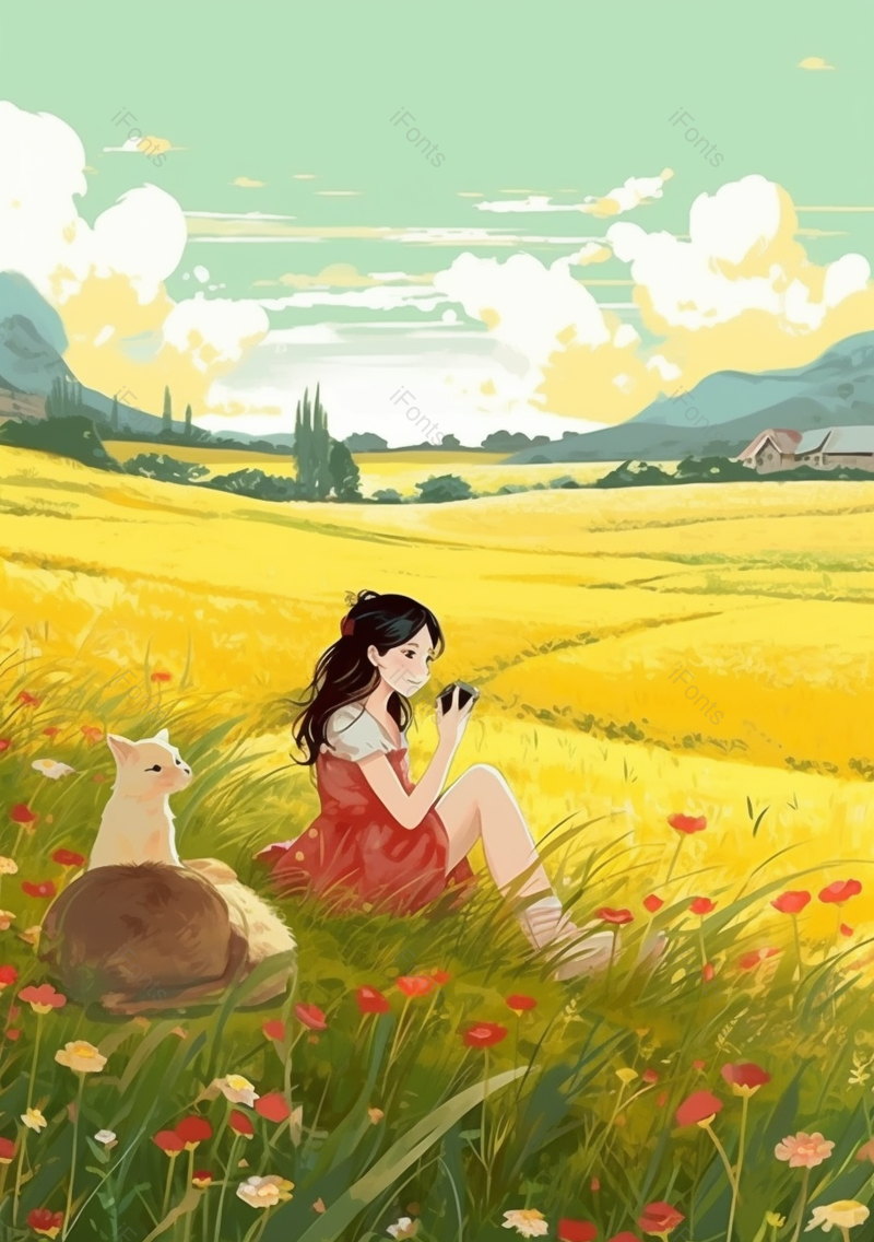 阳光女孩和小猫在山坡上唯美插画背景,插画/手绘图,插画/手绘图库,插画/手绘图下载,插画/手绘
